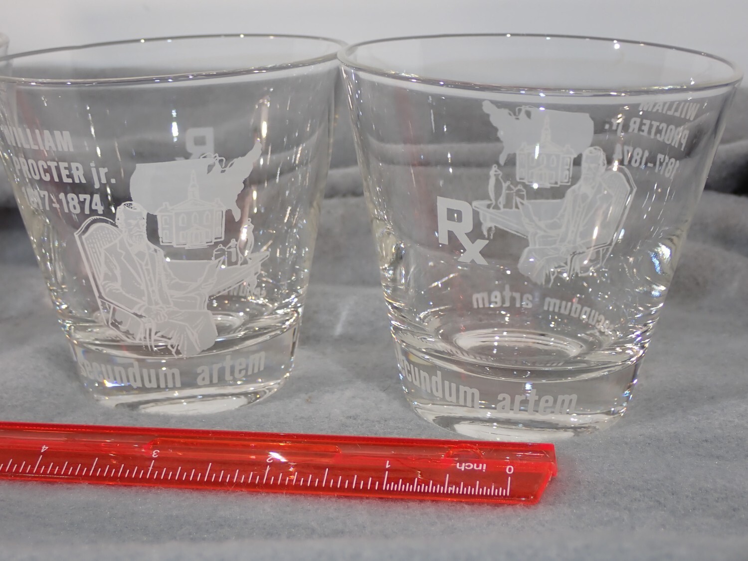William Proctor Jr RX Secundum Artem Etched Barware Glass Set Of 4 FLAWLESS