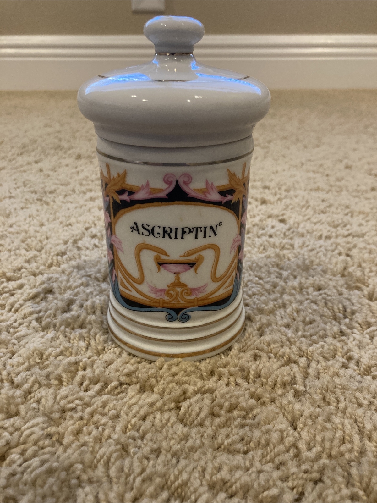 Porcelain APOTHECARY Jar & Lid Ascriptin Made In Japan Medicine Pharmacy Vintage
