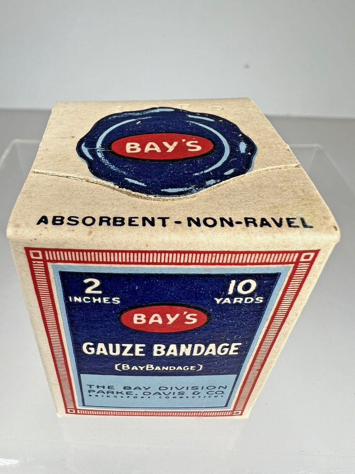 Vintage Sealed Box Bay’s Gauze Bandage , Parke Davis Co. Bridgeport Connecticut