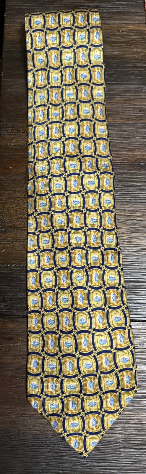 🔥Pfizer Viagra Drug Rep Promo Neck Tie Gold Navy 100% Silk Little Blue Pill 59”