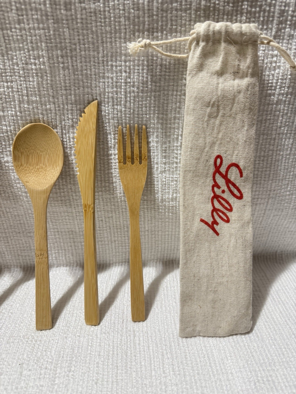 (2) Eli Lilly Pharma.Co.-3 Pc Wooden Cutlery Sets In Logo Canvas Drawstring Bags
