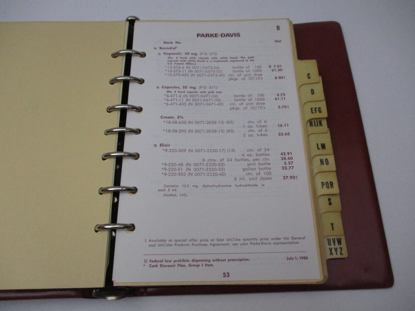 Vintage 1987 Parke Davis Price List Book Binder Pharmacy Chemist Drugs