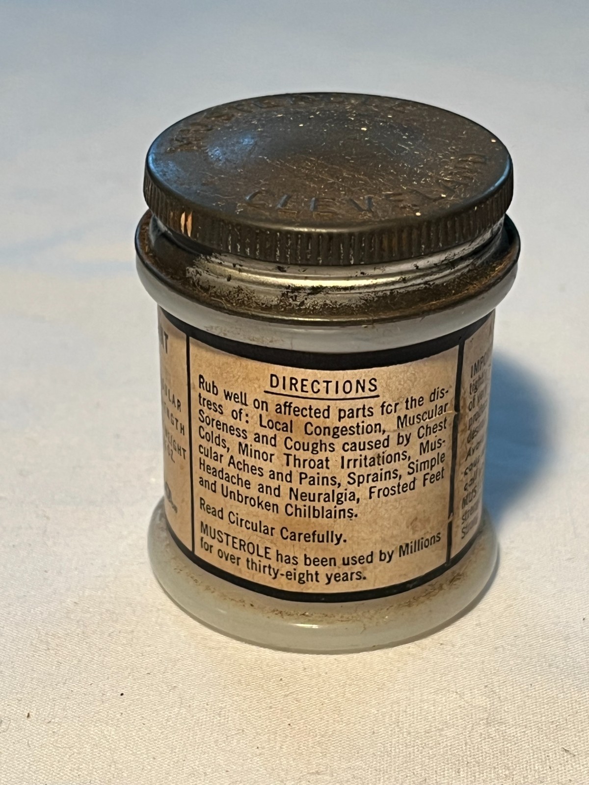c1930s Musterole Ointment The Musterole Co. Cleveland Ohio, Milk Glass Jar