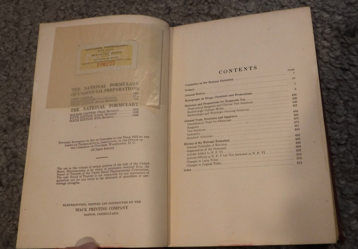 1936 THE NATIONAL FORMULARY 6th EDITION AMERICAN PHARMACY MEDICINE
