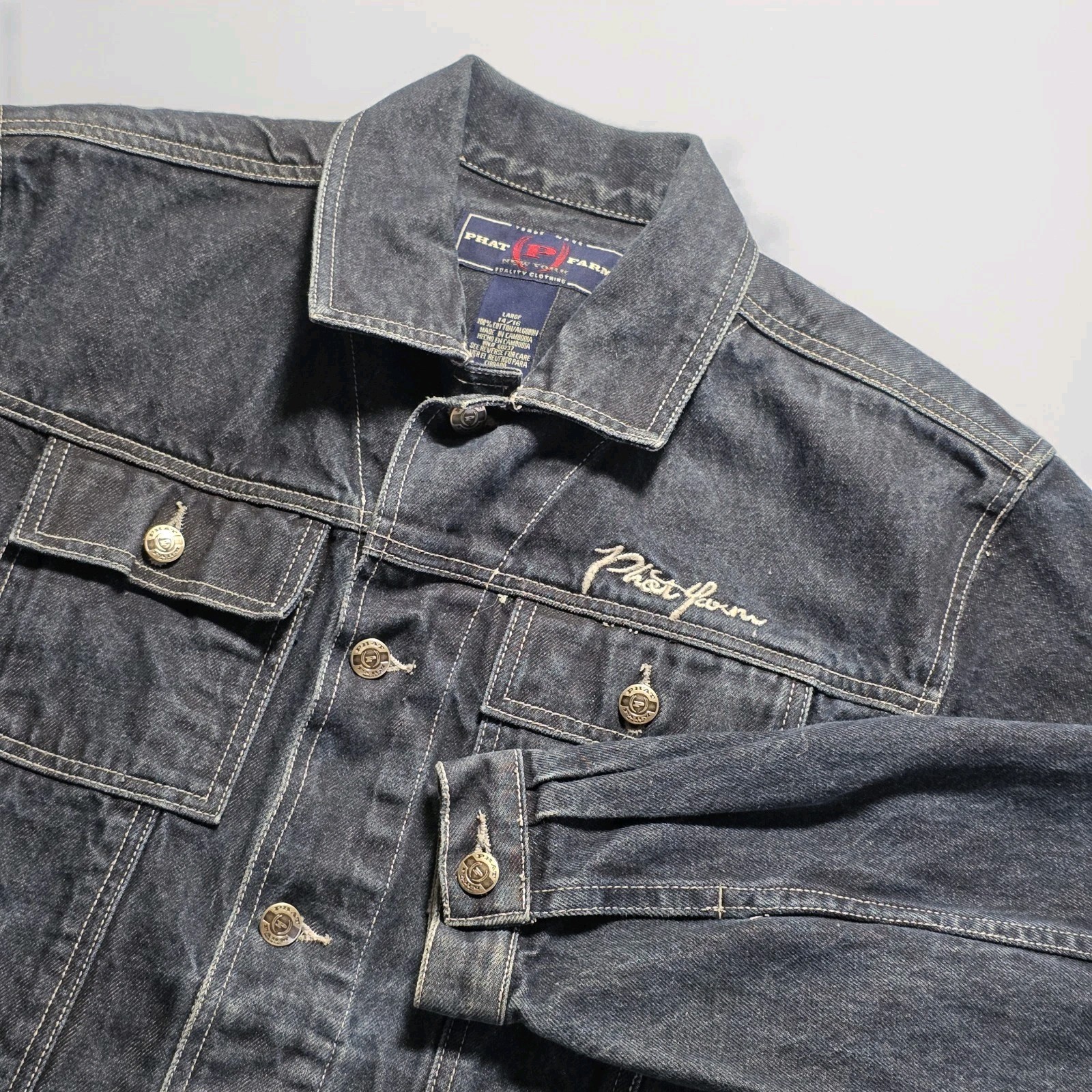 Vintage 90s Y2k Phat Farm New York Men’s Large Denim Trucker Jacket Embroidered
