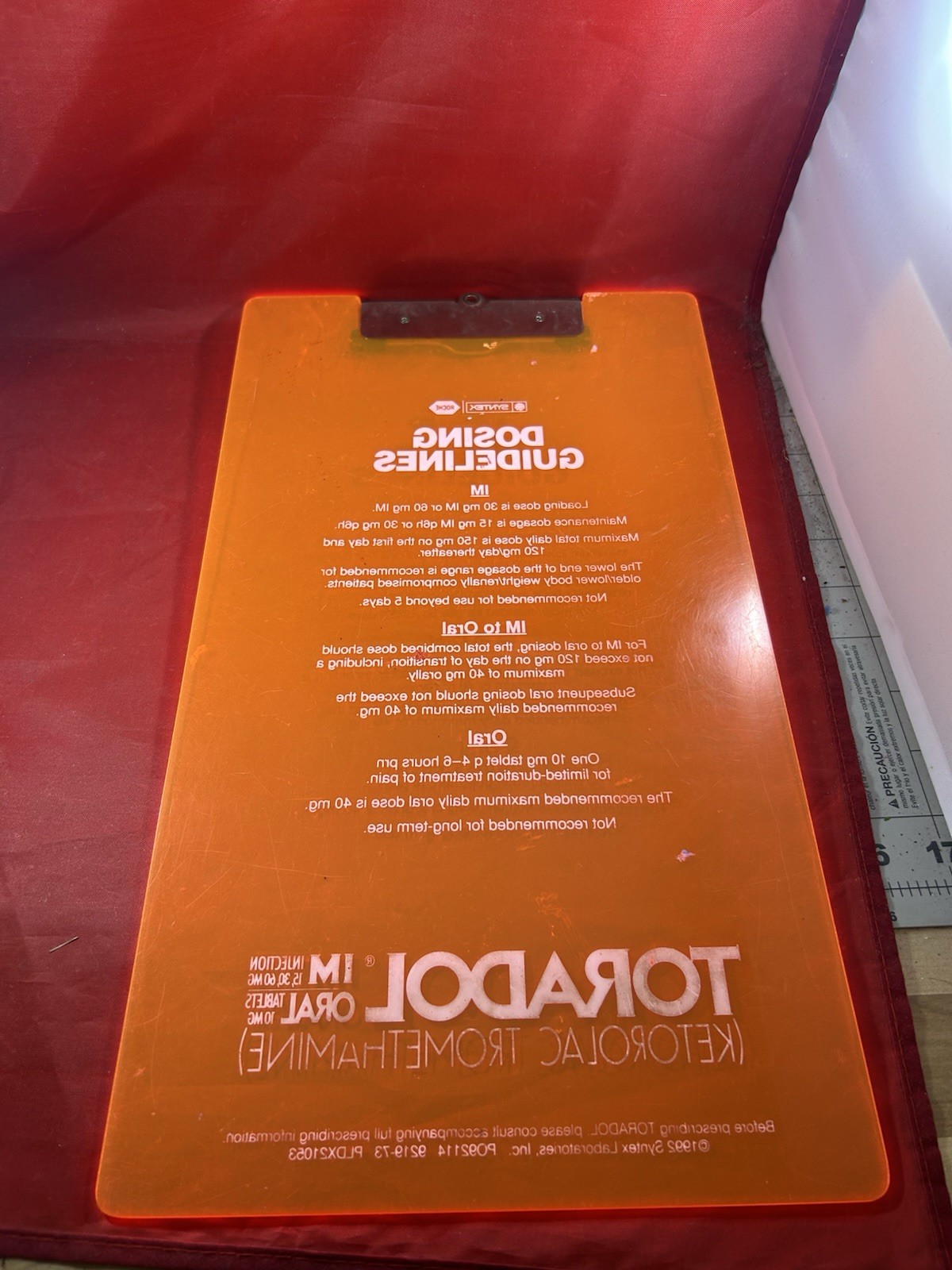 Vintage 1990s TORADOL Clipboard Medical Promo Painkiller Neon Orange
