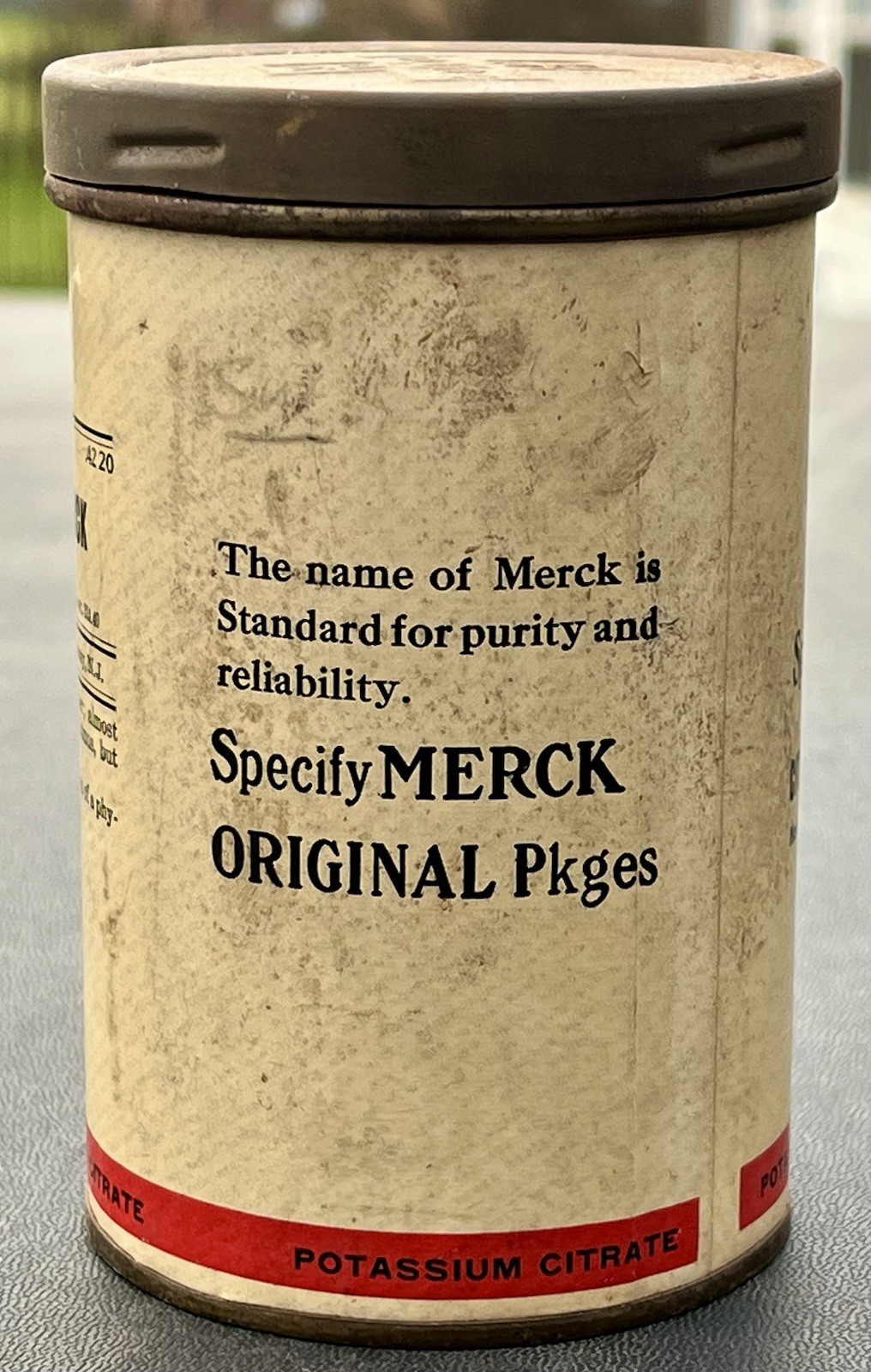 Antique Pharmaceutical “Specify Merck” CITRATE OF POTASH 5″ Paper & Metal Can