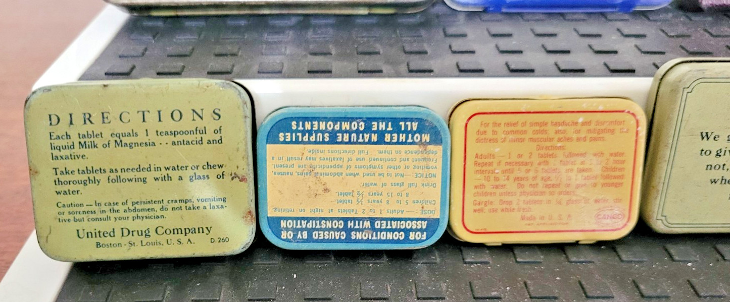 Vintage -Unique- 9 medicine advertising tins Rexall, Fixaco, Laymon’s +6