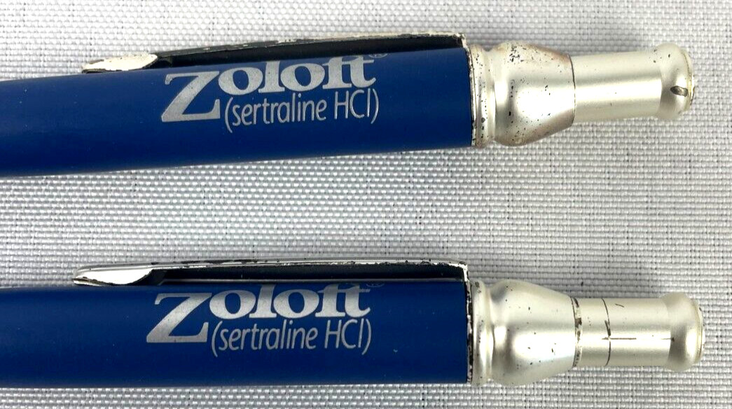 ZOLOFT Metal Pen Set Pharmaceutical Drug Rep Promo Blue Silver Logo Vintage