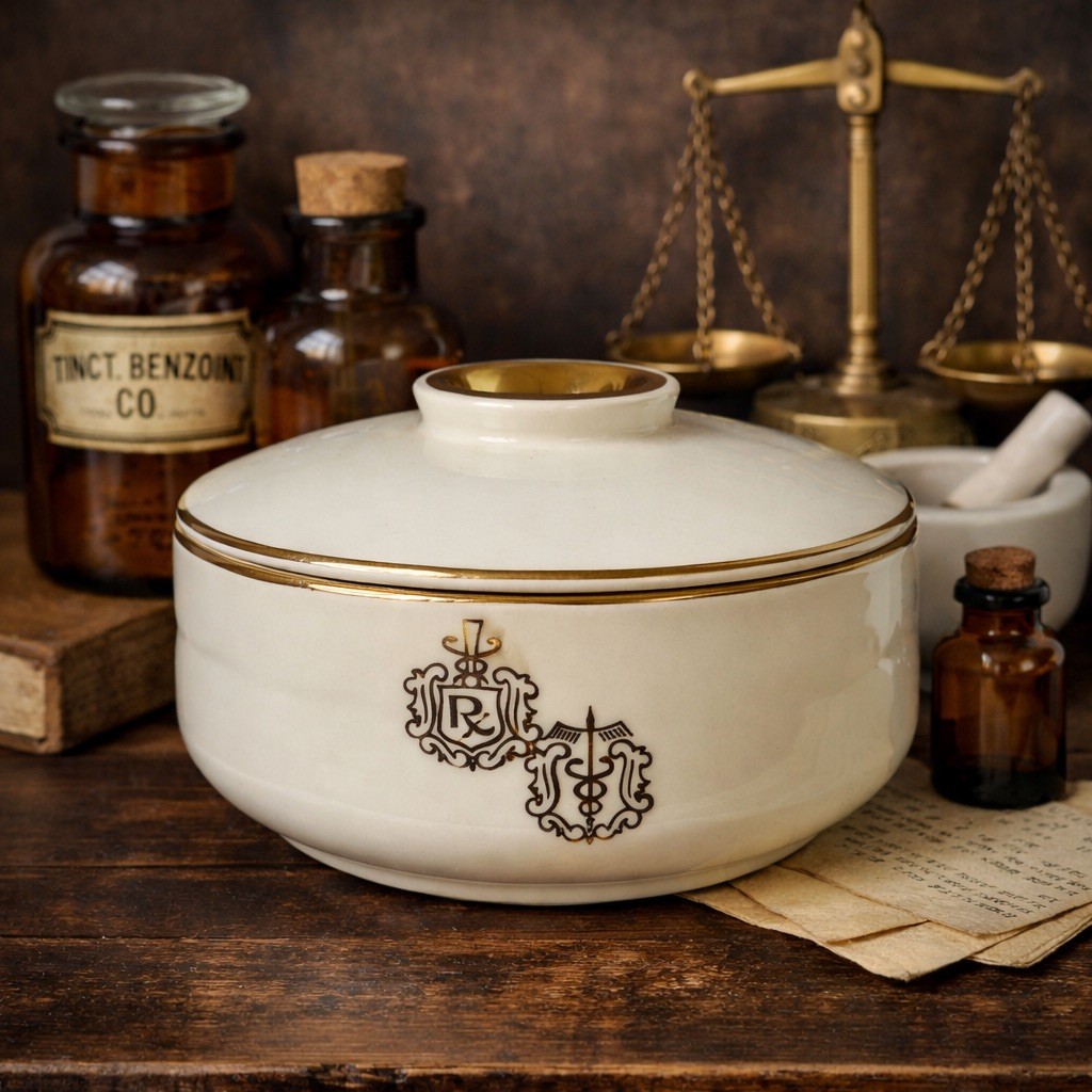 Vintage Apothecary RX Pharmacy Covered Dish Medical Crest Lidded Bowl Gold Trim