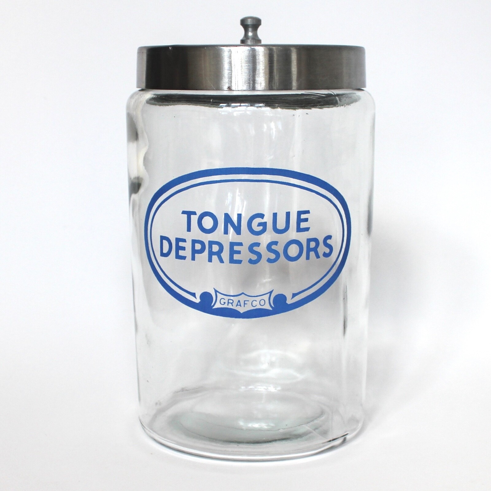 Grafco Medical Apothecary Glass Jar Stainless Lid Blue Letters Tongue Depressors