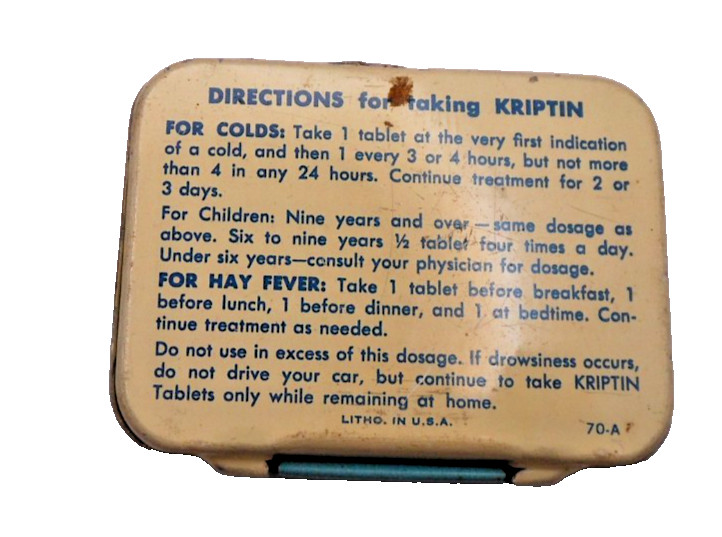 Vintage Kriptin Anti-Histamine Tablets Sm Metal Tin Whitehall Pharmaceutical NY