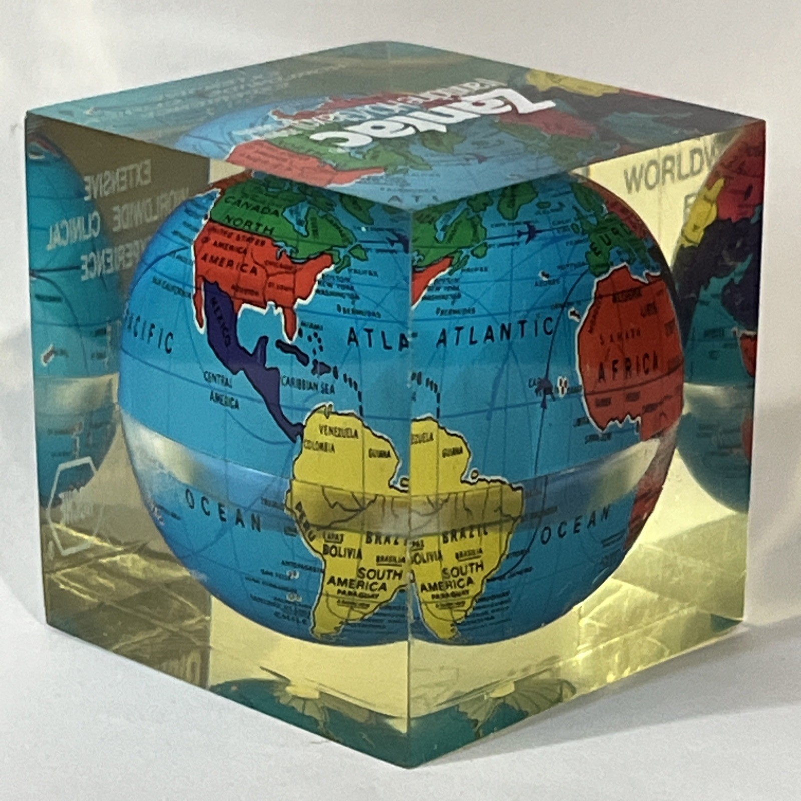 Vintage Zantac Glaxo Roche Pharmaceutical Acrylic Globe Paperweight 2” Square