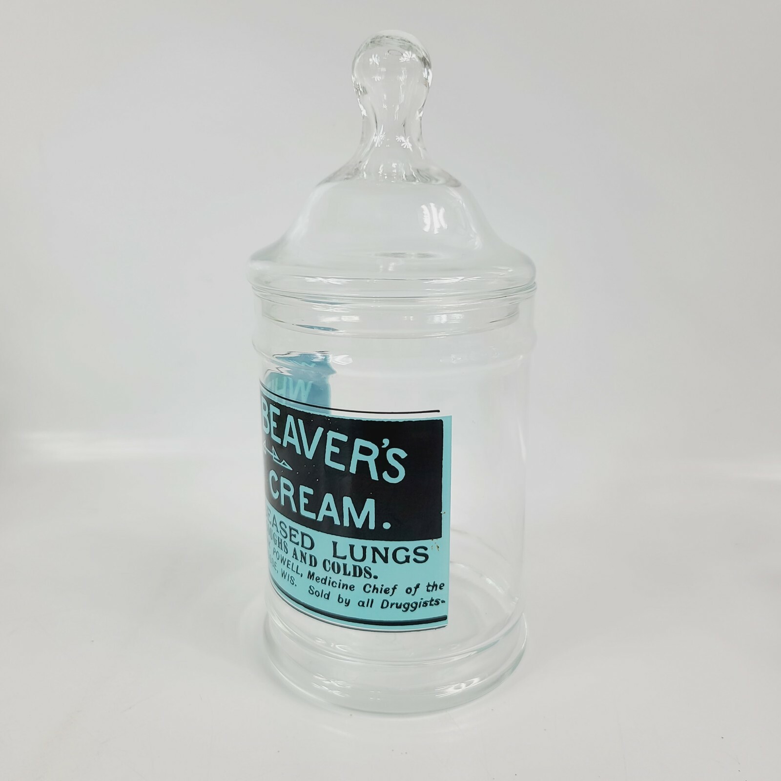 UNIQUE Apothecary Glass JAR DR POWELL White Beavers Cough Cream LACROSSE WI RARE