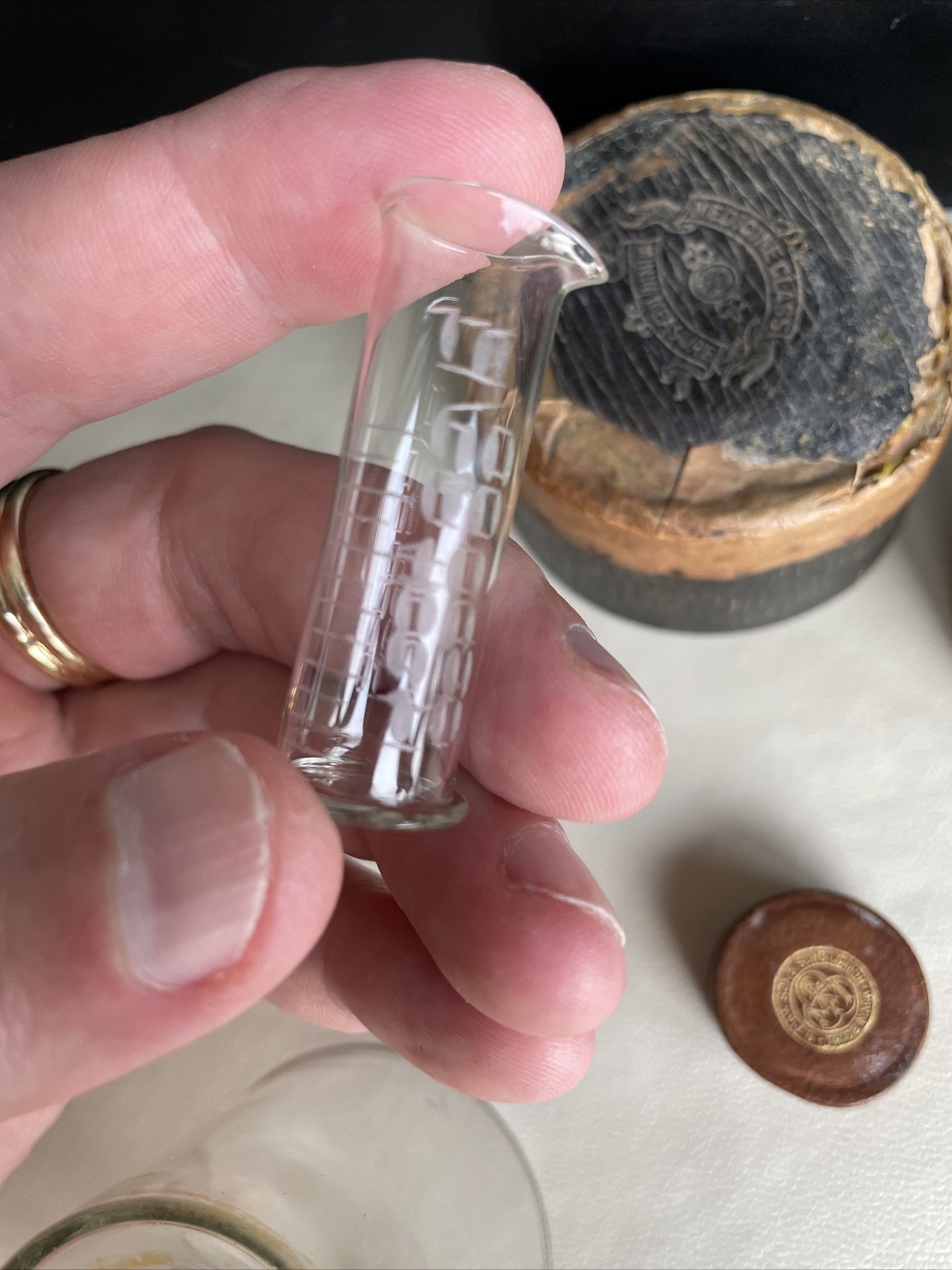 S Maw Son & Sons Antique 1918 Cased Glass Medicine Glass & Minim Measure