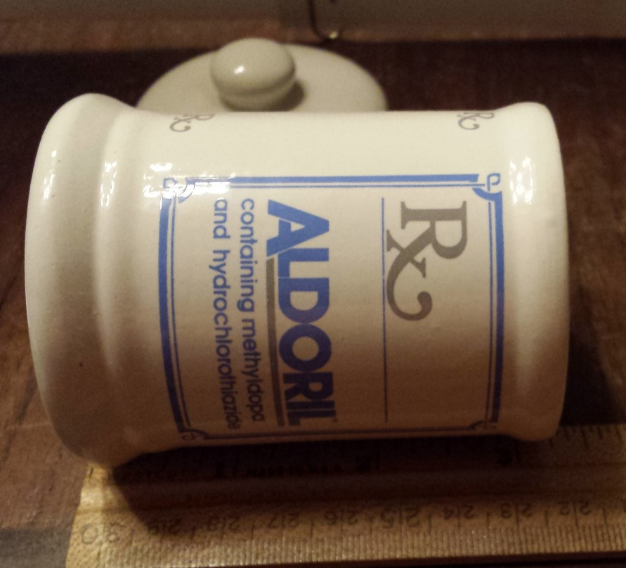 Vintage Advertising Aldoril RX Porcelain Apothecary Pharmacist Empty Jar (J34)