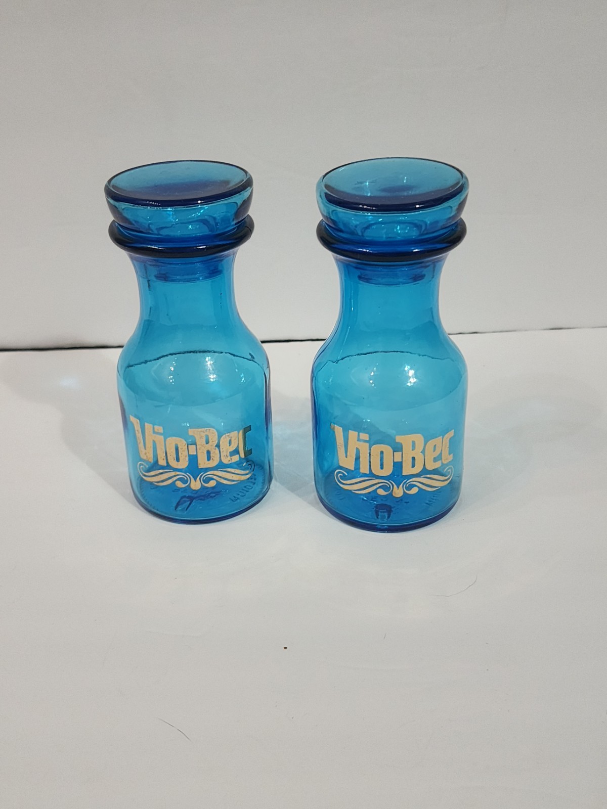 Vtg Set 2 Blue Glass Apothecary Jar Bottle Bubble Lid Belgium Gold Vio-Bec *Q