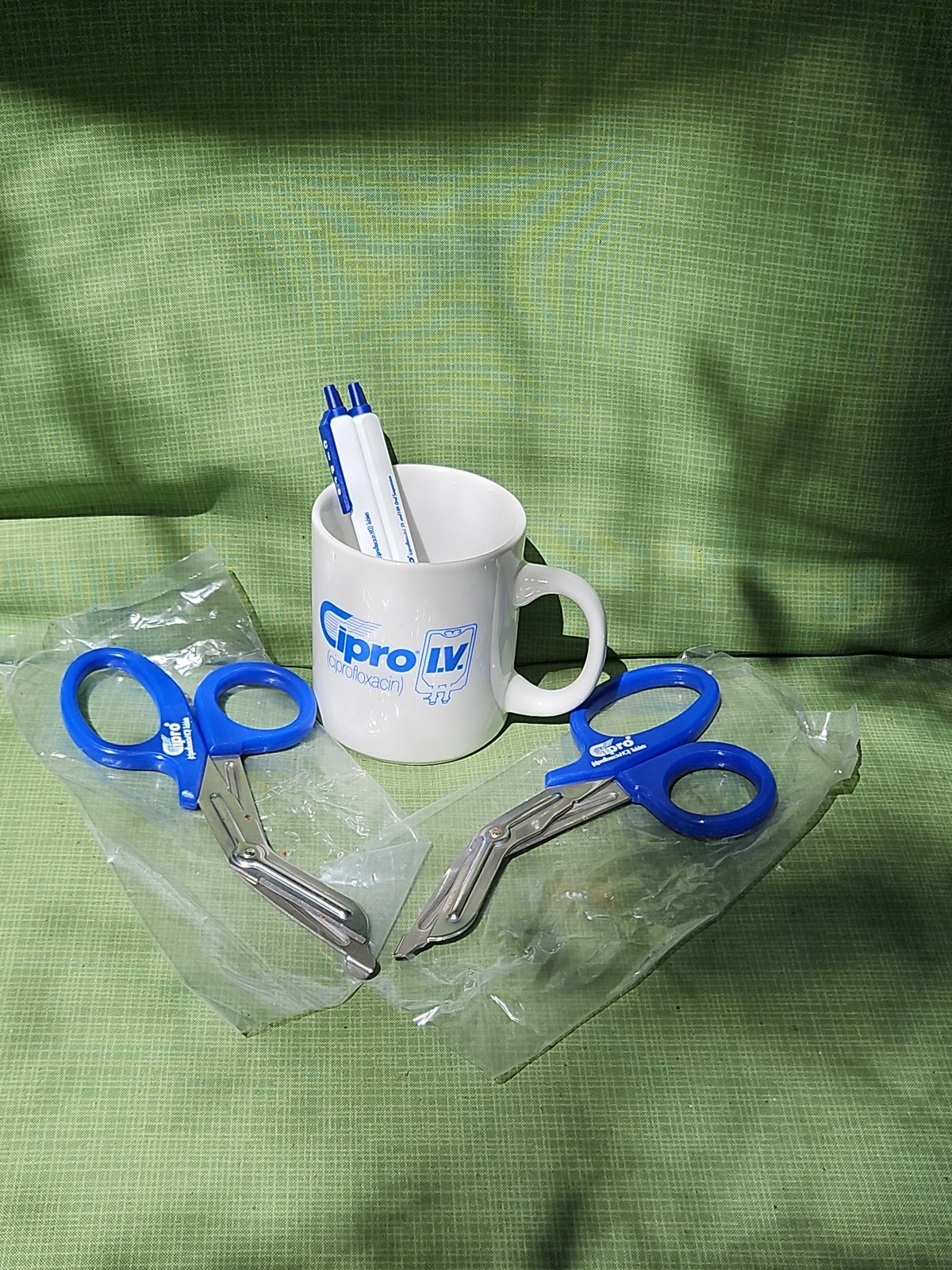 Cipro Pharmaceutical Drug Rep Lot Scissors Coffee Mug Ink Pen Advertising