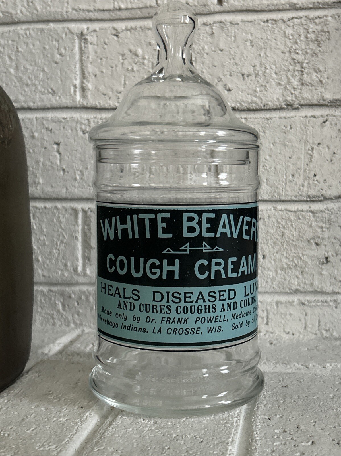 UNIQUE Apothec JAR DR POWELL White Beavers Cough Cream LACROSSE WI RARE Vintage