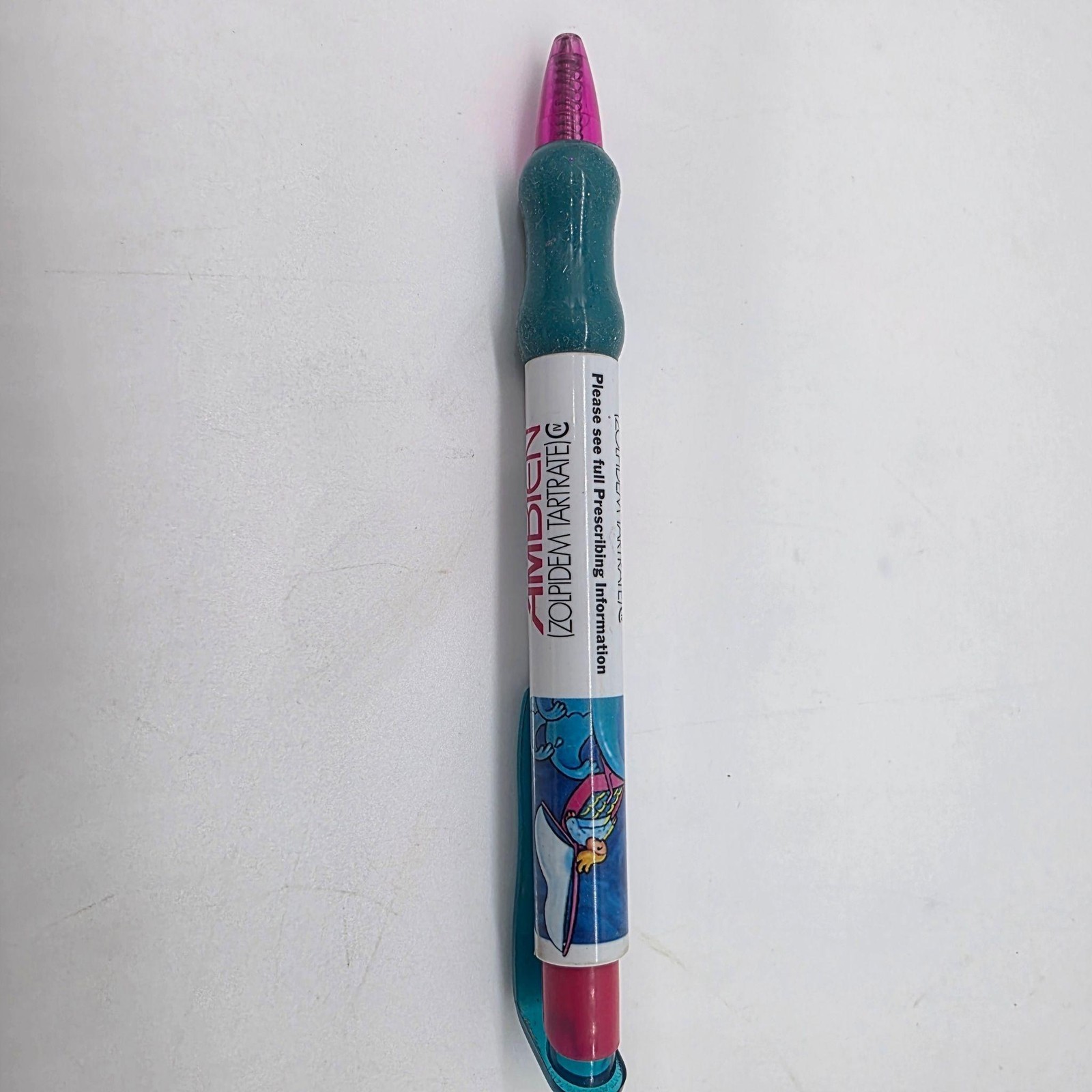 Ambien Zolpidem Tartrate Promotional Pen Teal Grip Pink Clip Black Ink Logo