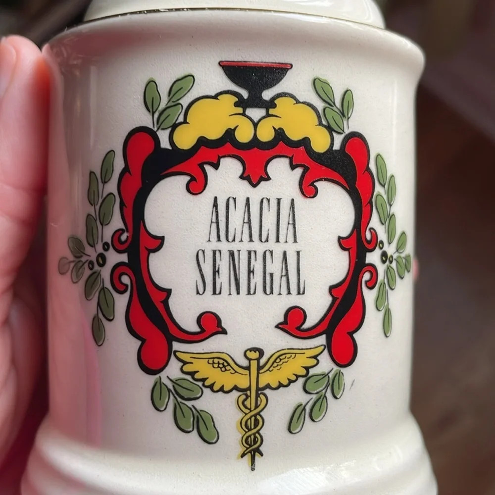 Fashioned by Blair Small Vintage Ceramic Apothecary Jar Gold Trim Acacia Senegal