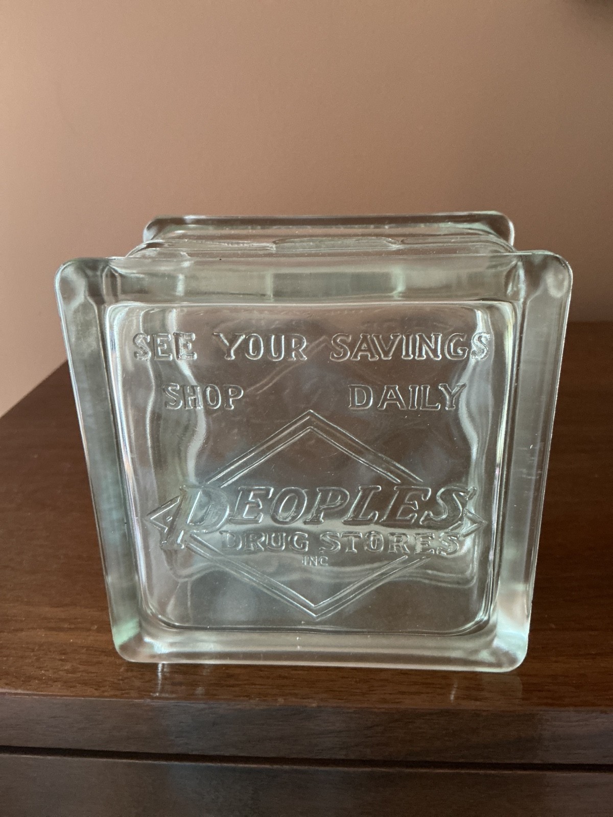 1950’s PEOPLES DRUG STORES HEAVY GLASS BLOCK ADVERTISING COIN BANK SAVINGS CLEAN