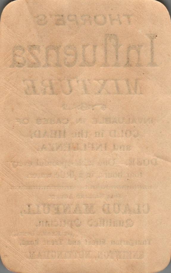 VINTAGE THORPES INFLUENZA MIXTURE ADVERTISING LABEL TAG CLAUD MANFULL NOTTINGHAM