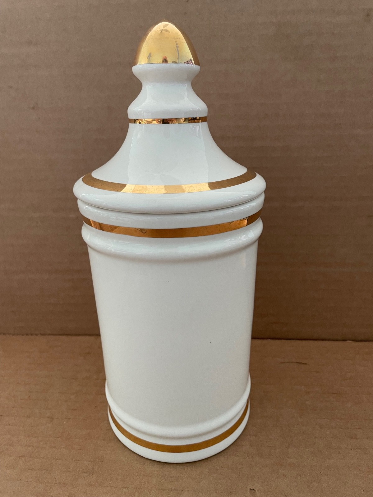 Vintage HIERA PICRA Apothecary Canister Jar w/ Lid OWENS ILLINOIS gold decorated