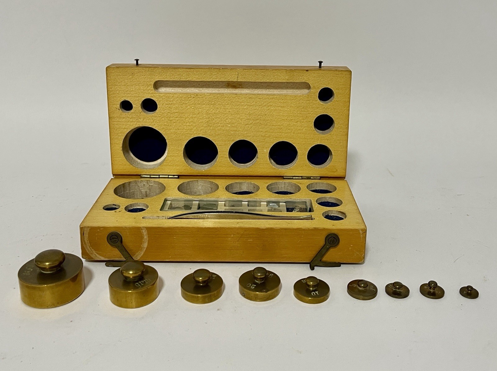 Antique Vintage Chemist Travelling Brass Weights and Tweezers in Box
