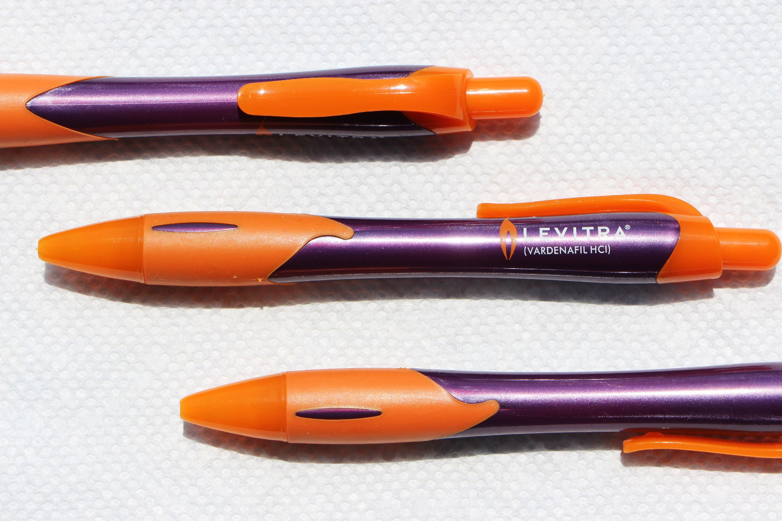 Drug Rep Pens 3 ( Levitra ) Plastic Maroon and Orange Rubber Grips Brand New