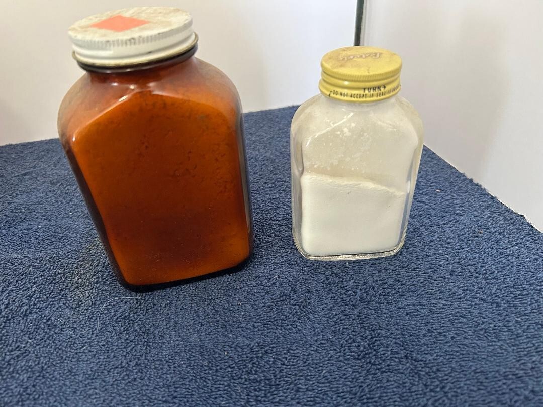 2 glass pharmacy bottles w paper label Morristown Drugs EXPIRED talc & dextrose