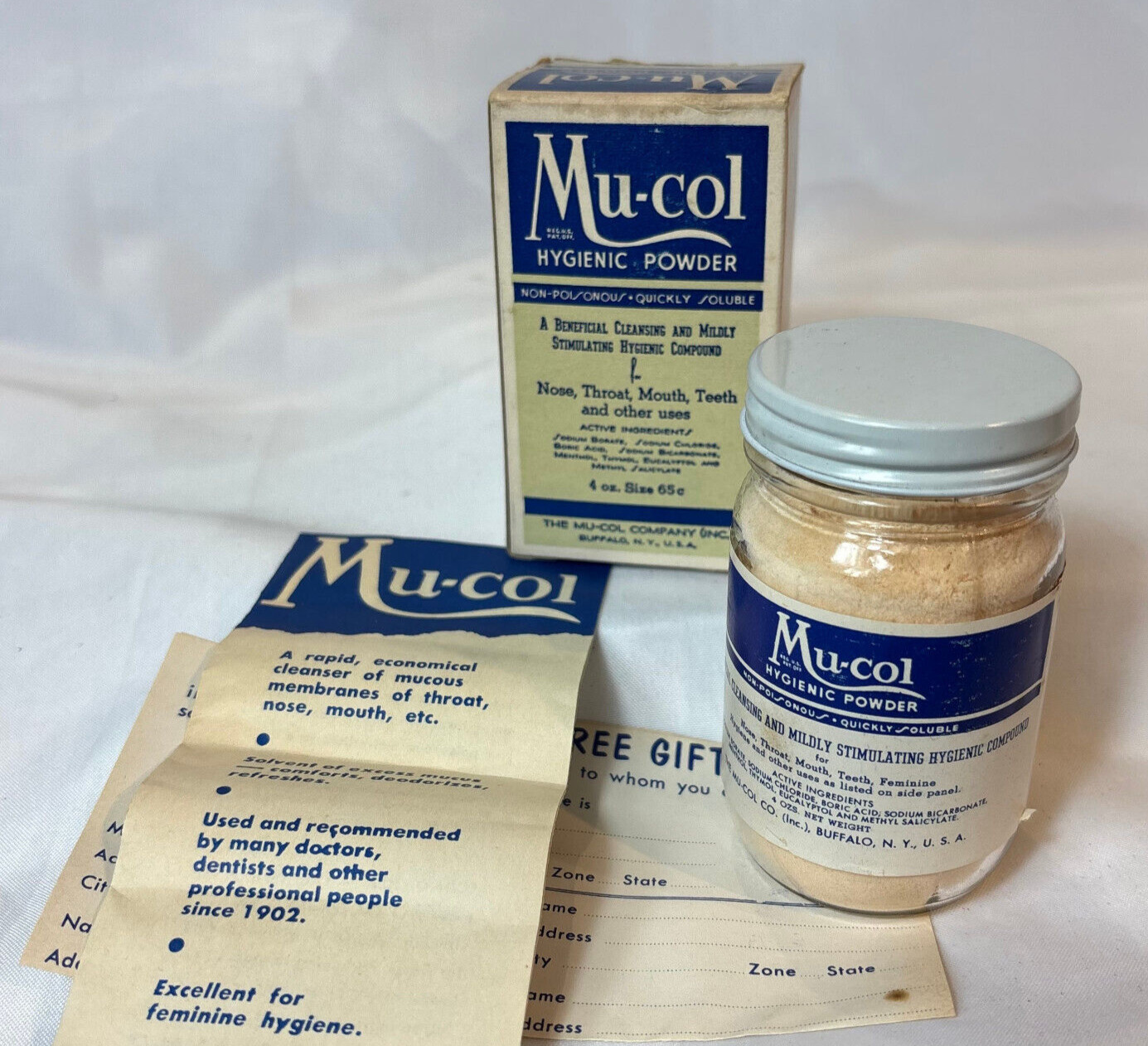 Vtg Mu-Col Hygenic Powder 4 Oz. Clear Glass Jar In Box Cleansing Compound