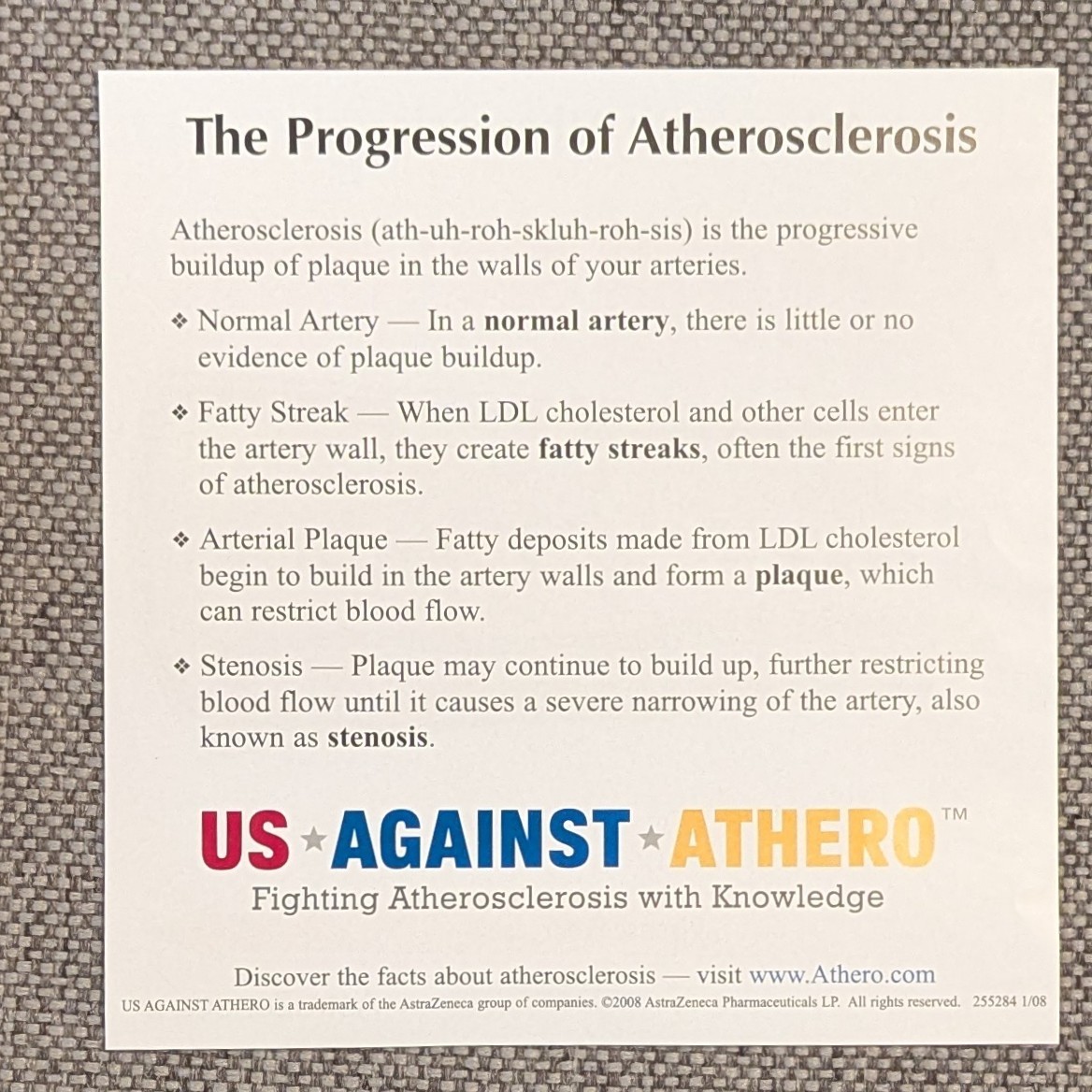 Drug Rep Promo AstraZeneca Cholesterol Artery Display Model w Educ. Flyers 2007