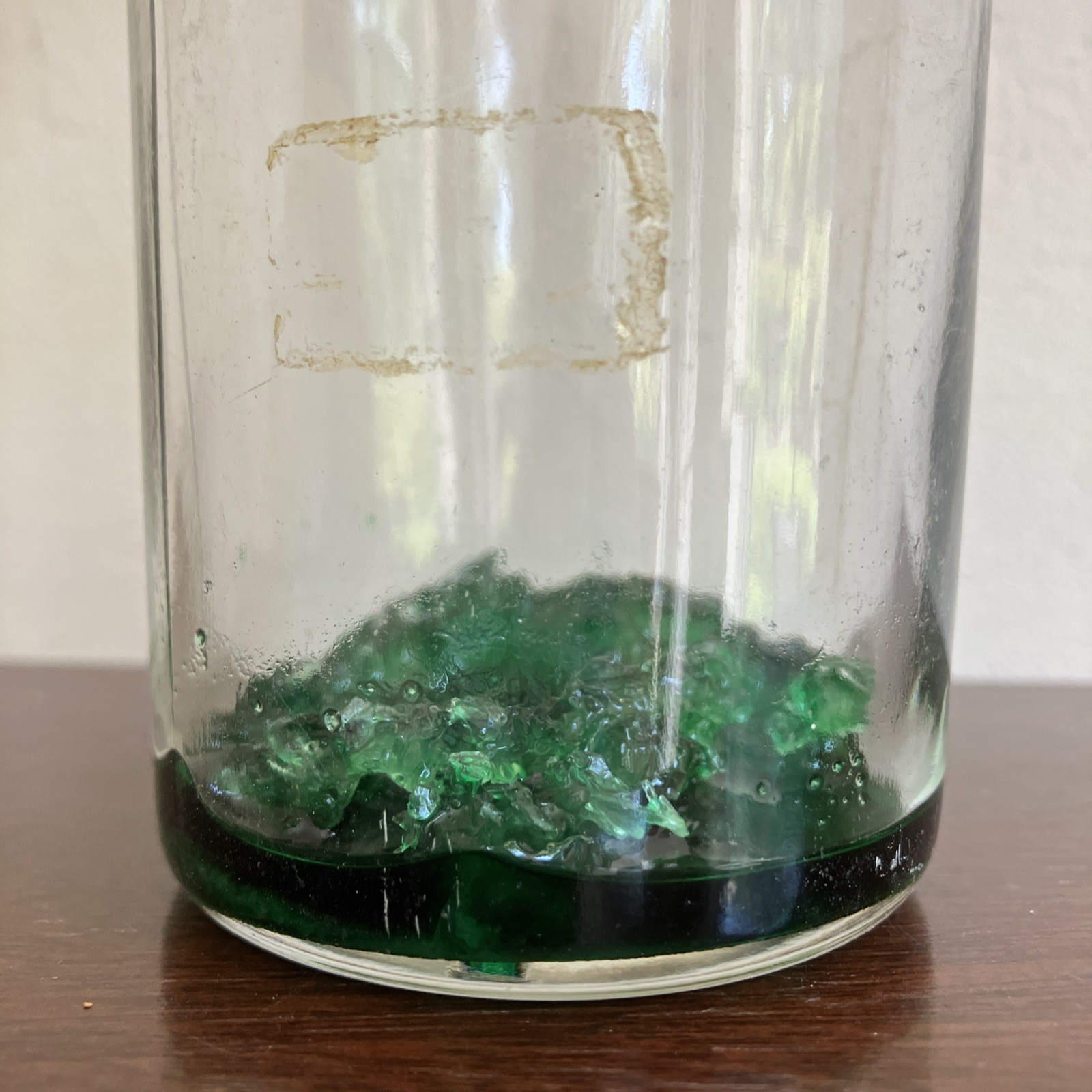 Antique Clear Glass Apothecary Bottle C1870, Green Stuff Inside! Cork Stopper