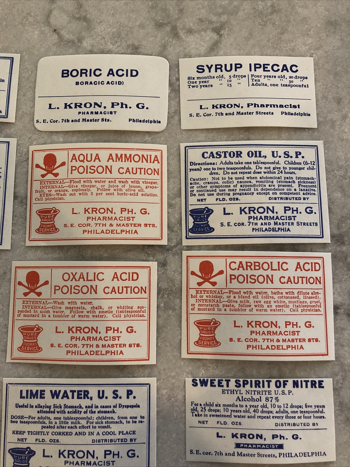 Lot 24 Antique Medicine Bottle Labels Opium, Poison – L. Kron Ph. G. Phila.