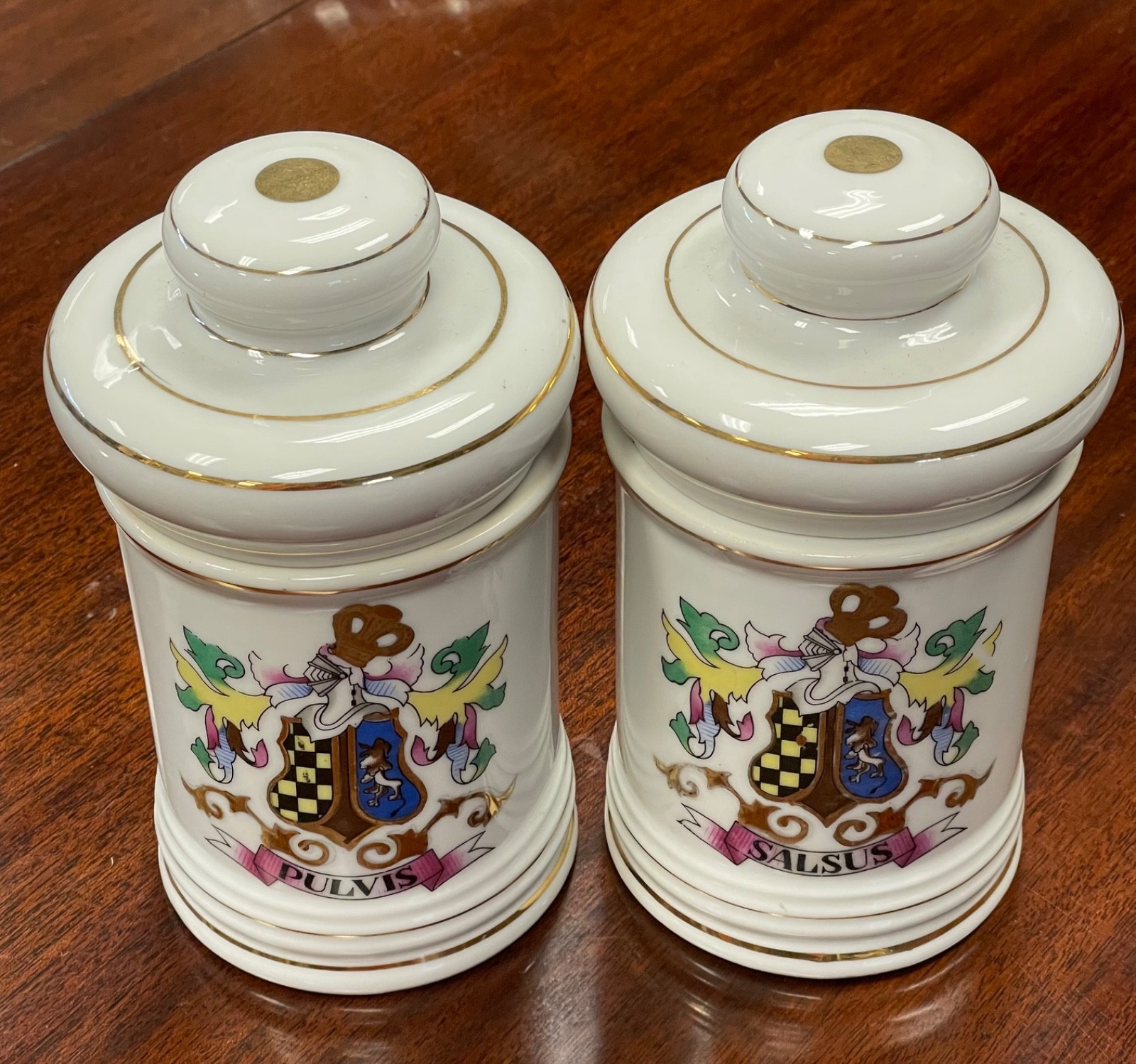 Pair Vintage Porcelain Apothecary Jar Latin Pulvis & Salsus Gold Rim DOM Japan