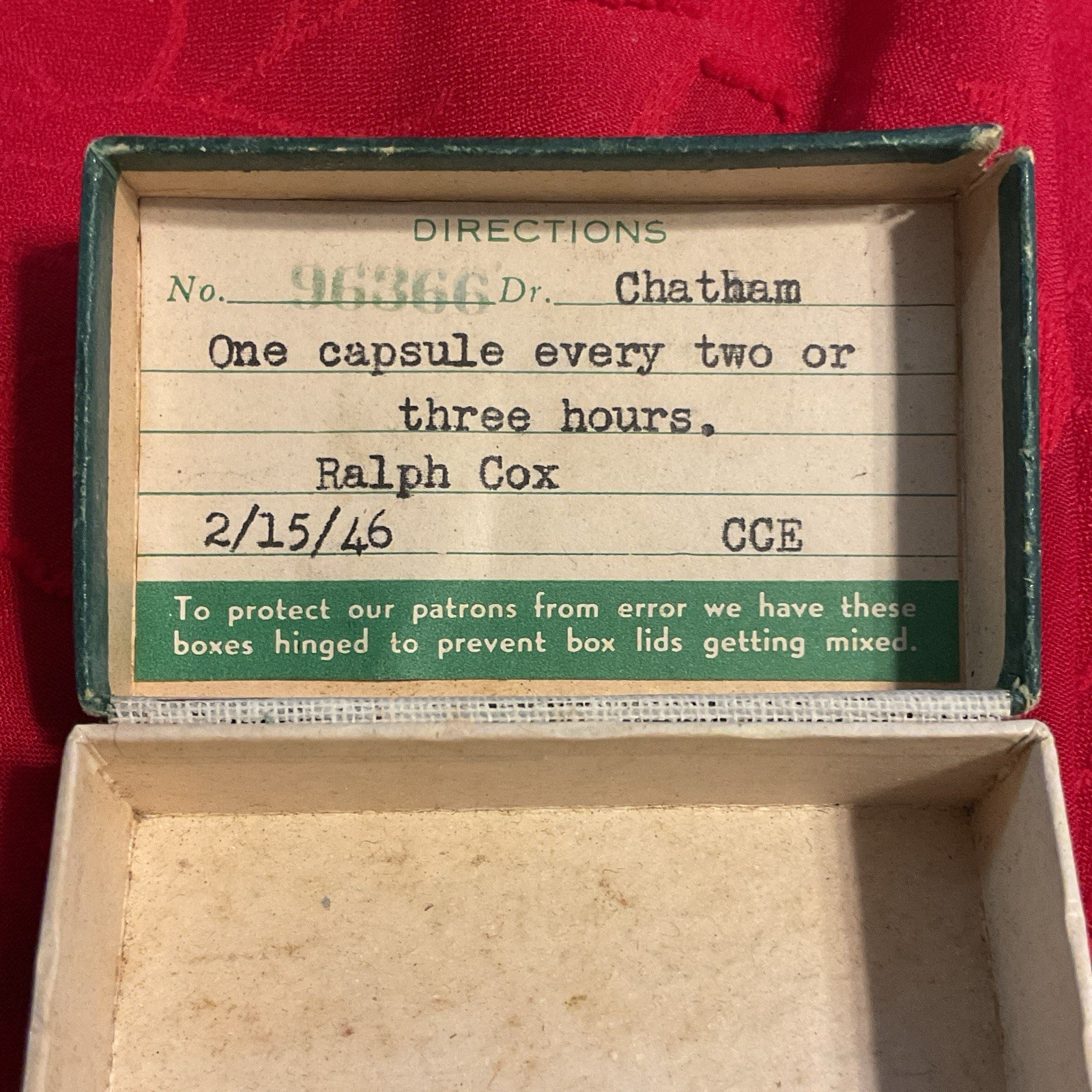 HITES DRUG STORE ~ Pittsburgh PA …Vintage 1946 Drug Store Prescription Pill Box