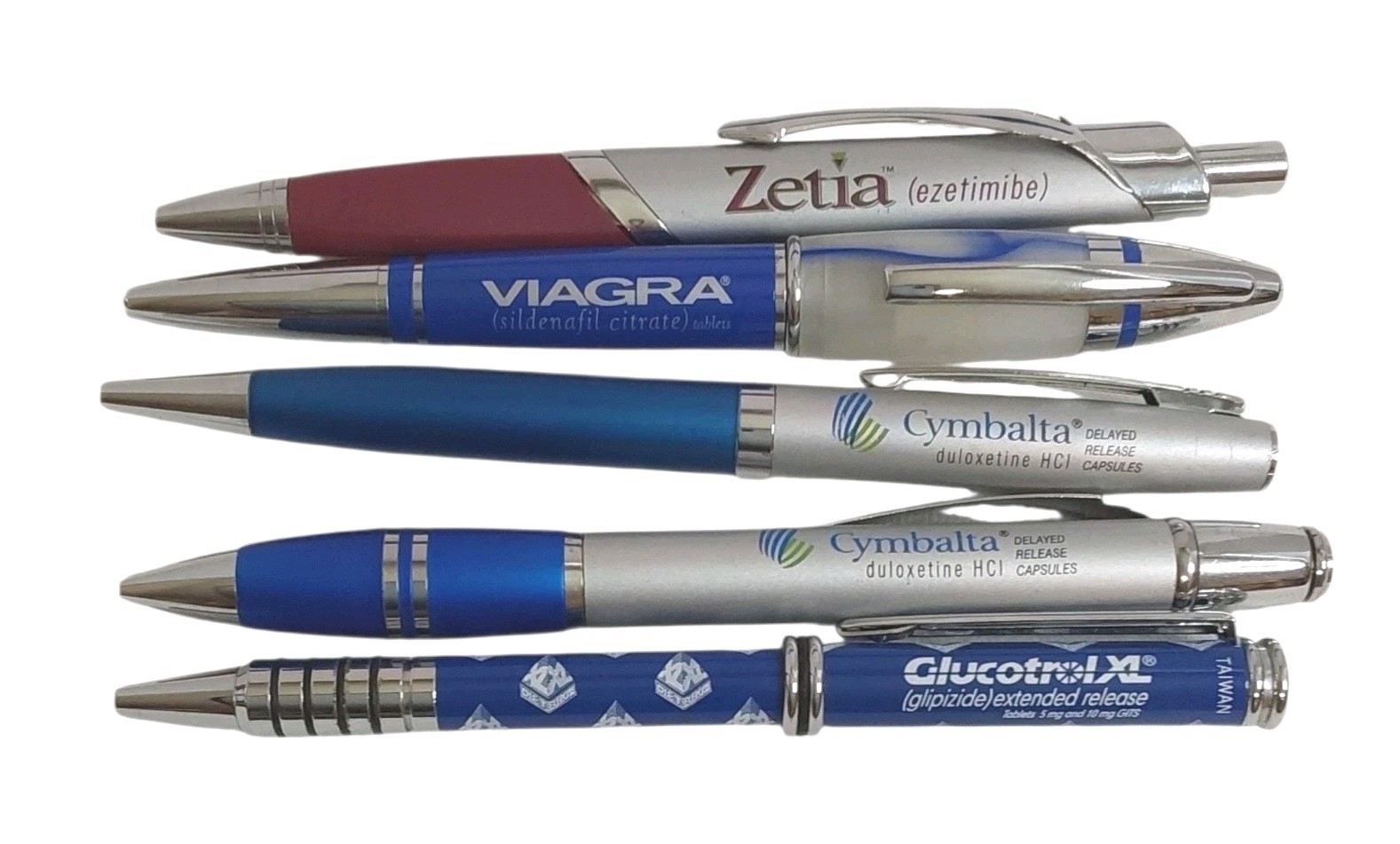 PHARMACEUTICAL DRUG REP Metal Pen Lot Of 5 Viagra Cymbalta Zetia Glucotrol WORK