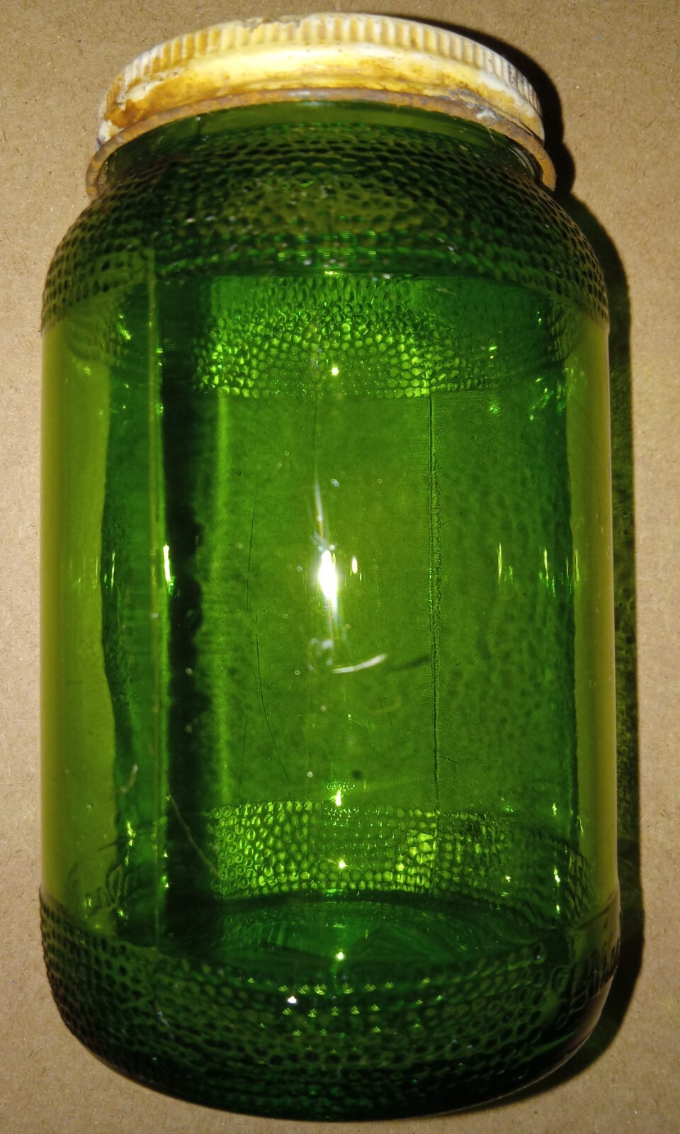 Vintage McKesson’s Flowers Of Sulfur Jar Green Glass 5″ Tall by 10″ in Diameter