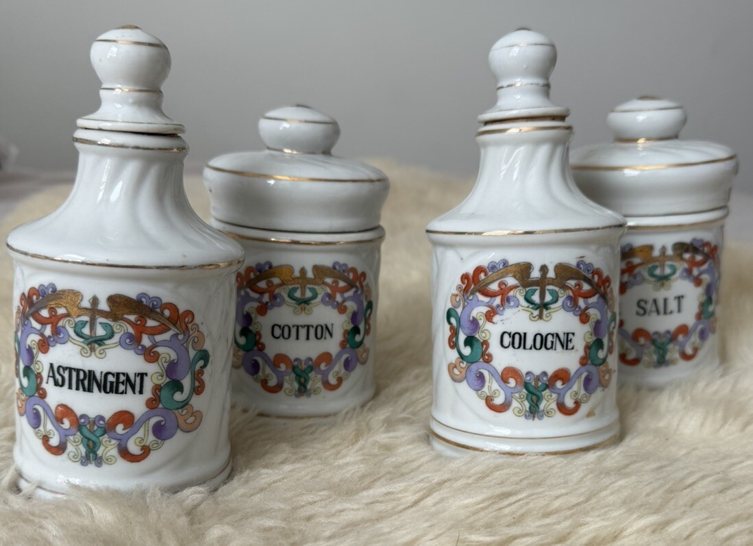 Vintage Porcelain FRENCH APOTHECARY JARS Salts- Cotton -Cologne -Astringent