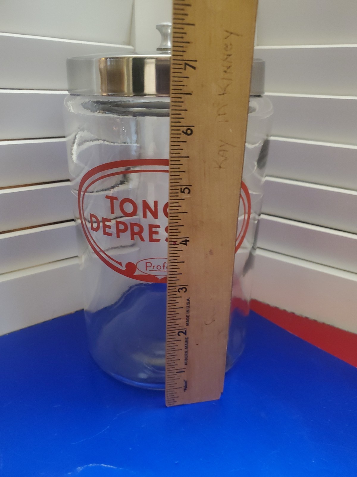 VTG Profex Glass Tongue Depressor Apothecary Jar Metal Lid Medical USA MCM 1950s