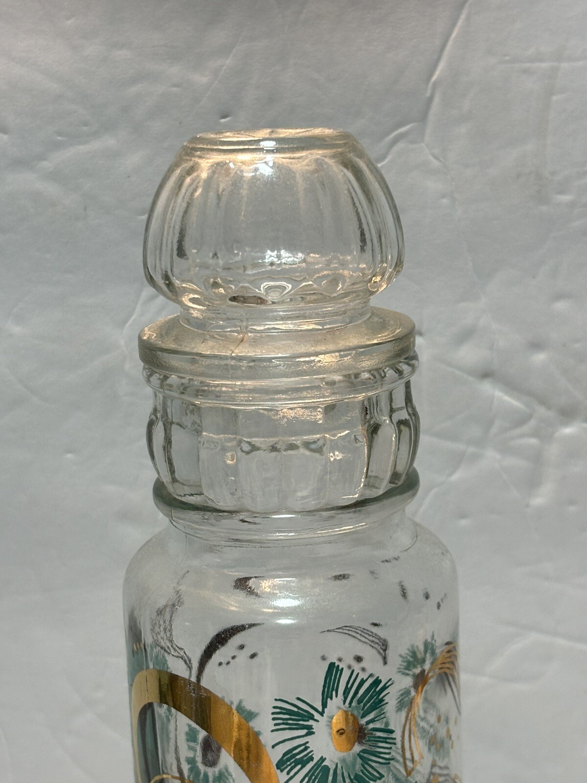 ViNTaGe MiD CeNTuRy GLaSs 11″ Apothecary Jar ReTRo AQuA BLuE & GoLD FLYING BIRDS