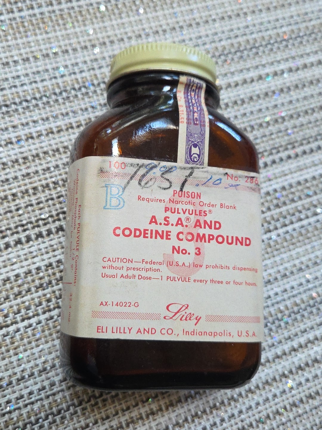 100 Tablet Vintage A.S.A CODIENE Empty Bottle Dispensing 1960s Narcotic Lilly