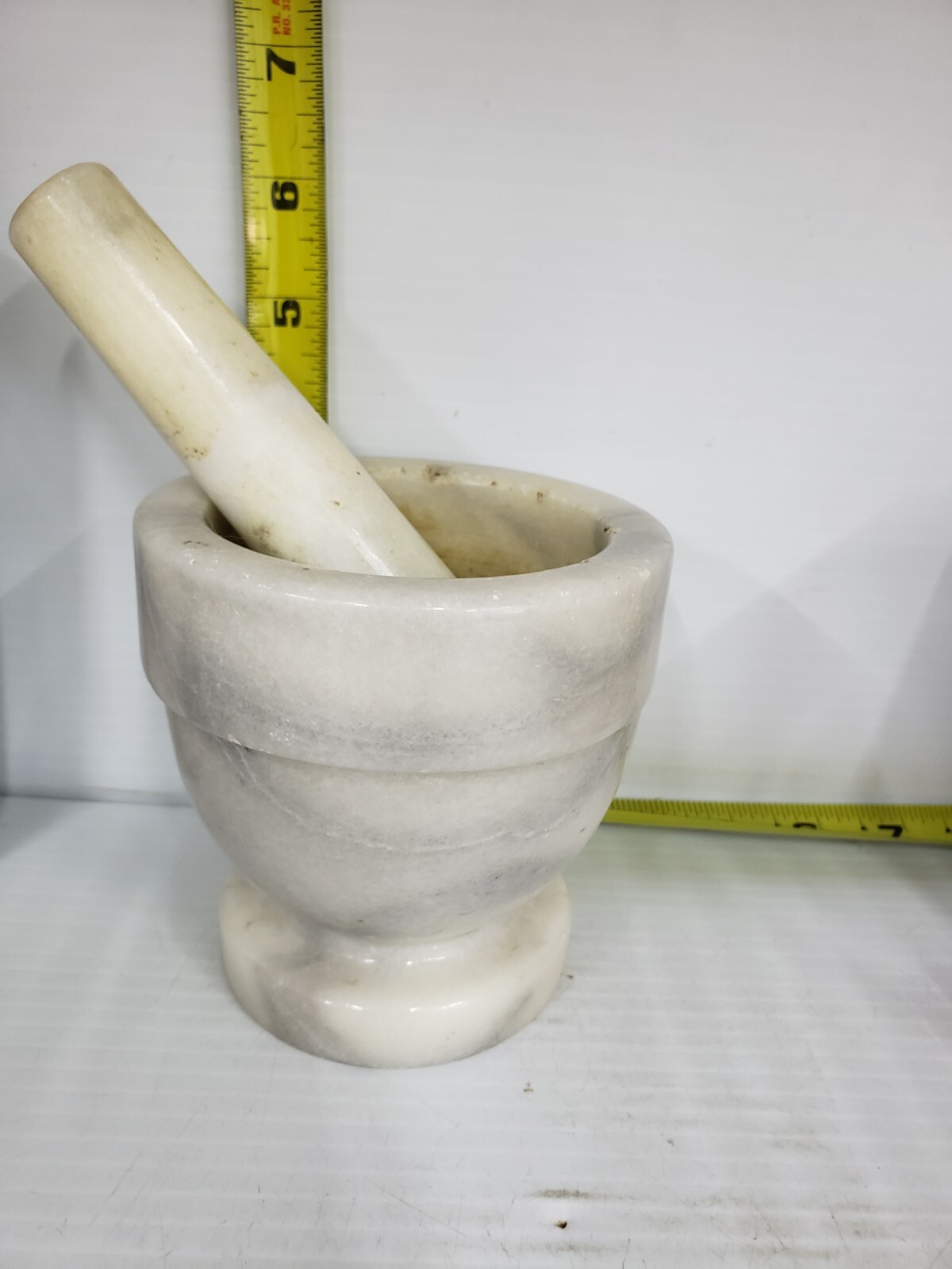 Vintage Marble Mortar And Pestle Footed White Gray Apothecary Drug Store