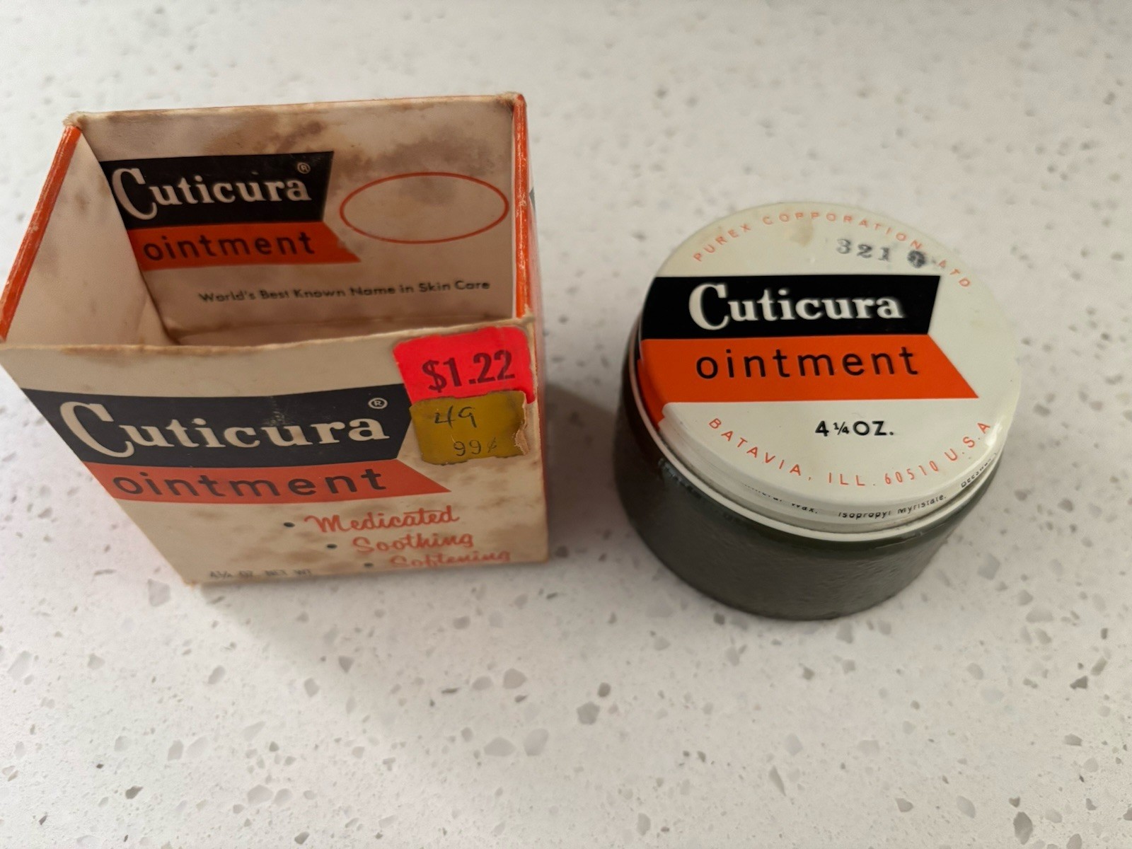 VTG Cuticura Ointment 4 1/4oz Full W/box Purex Corp. RARE Metal Lid Glass Jar