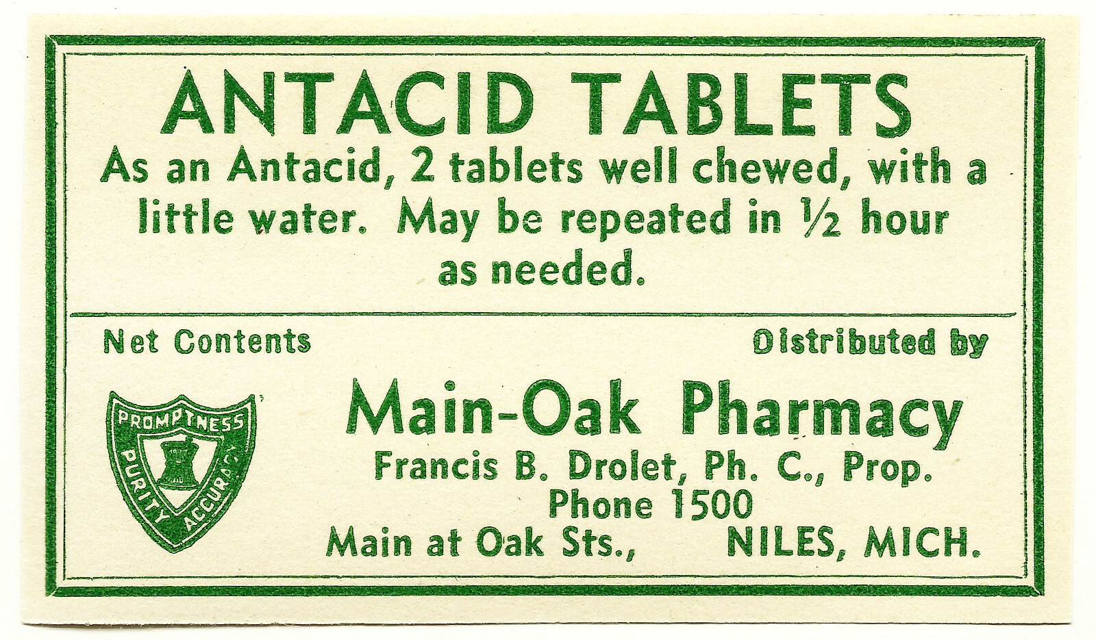 Antique Pharmacy Label ANTACID TABLETS Main-Oak Pharmacy Niles Michigan ephimera