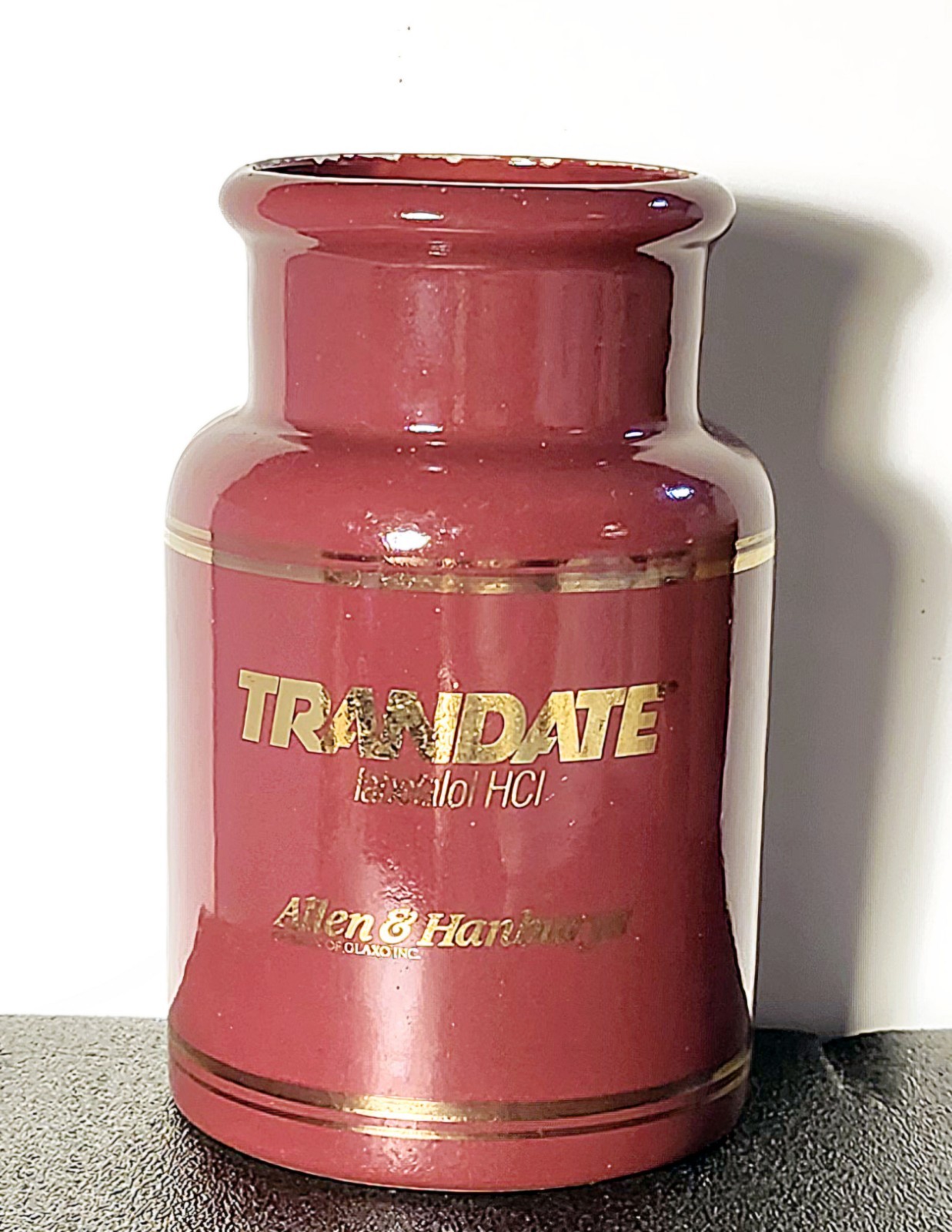 Vintage Pharmaceutical Advertisement Container “TRANDATE” – Glaxo- Burgundy Gold