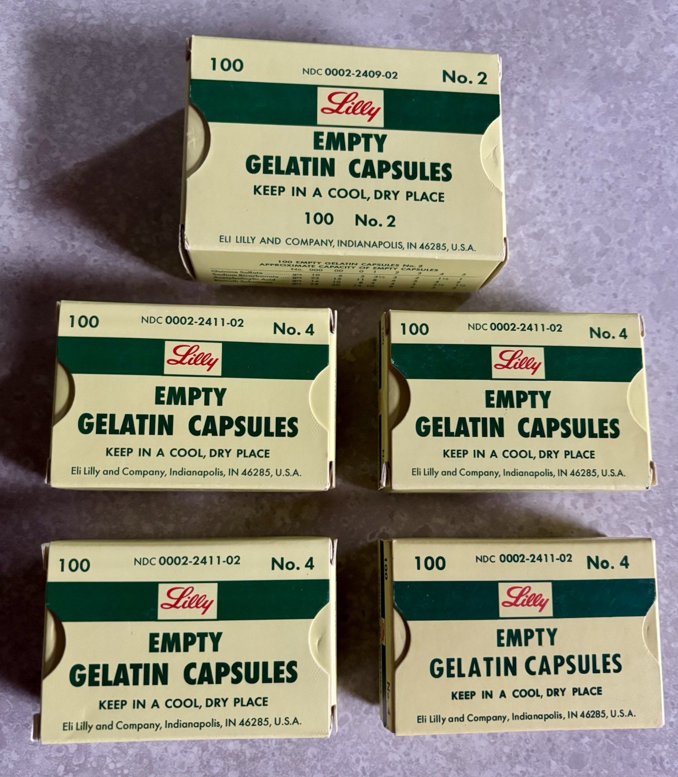 Lot Of Five Boxes Lilly Clear Gelatin Empty Capsules 1 Box No.2 4 Boxes No.4