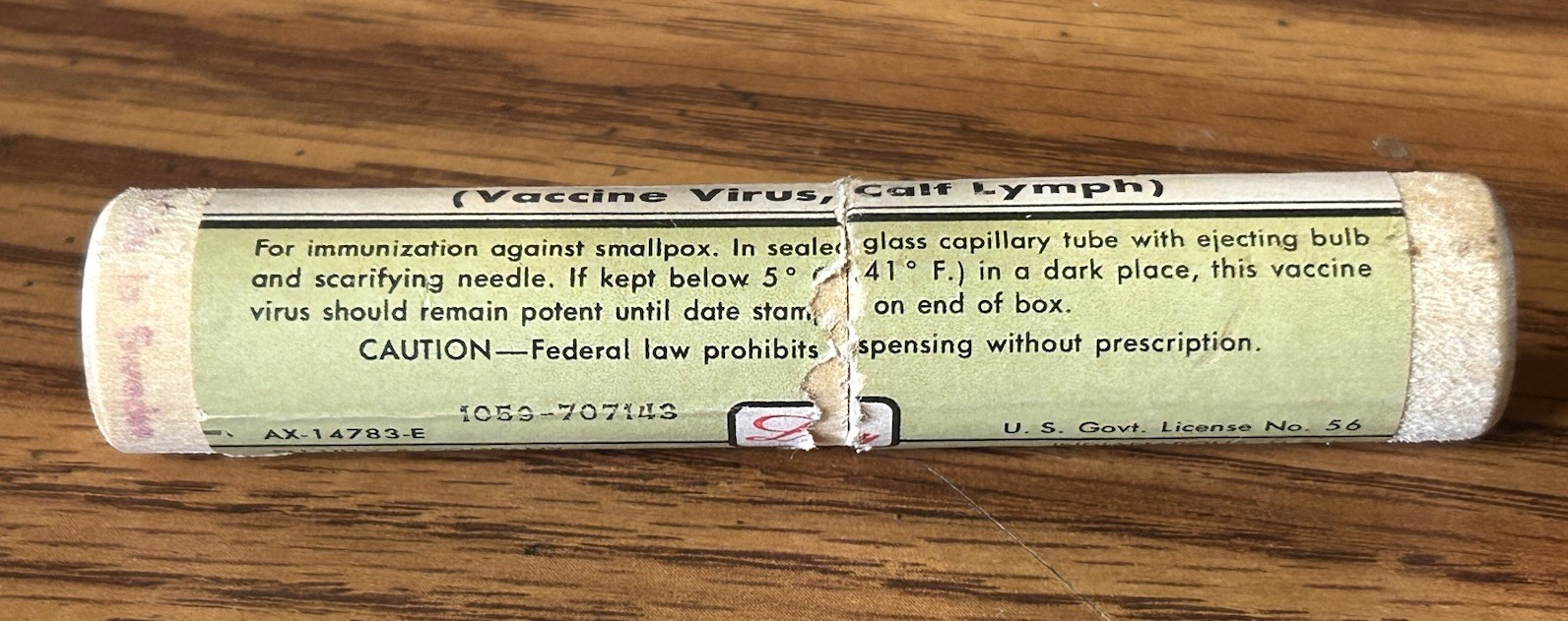 Vtg Small Pox Vaccine Wooden Vial Tube By Eli Lilly Dec 30 1957