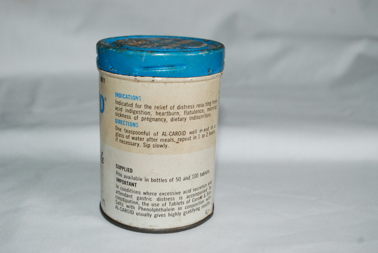 Vintage AL-CAROID Antacid Powder 4oz Empty Tin – 4.5″